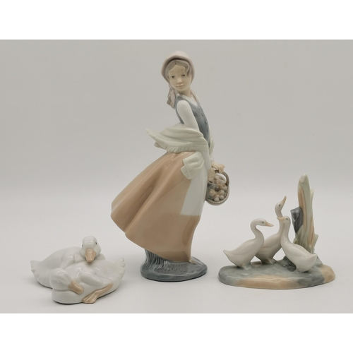 116 - A collection of Nao and Lladro figures and animals, comprising Nao trio of geese, Nao pair of sleepy... 