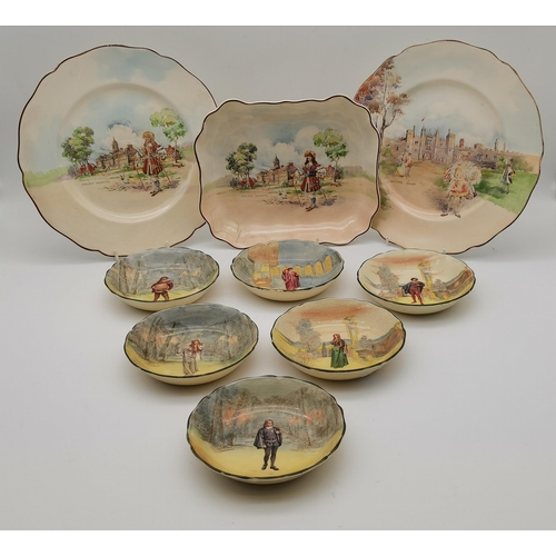 117 - A collection of Royal Doulton seriesware comprising six Shakespeare character dishes (Romeo, Juliet,... 