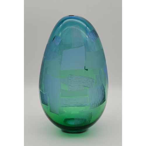 122 - Gillies Jones of Rosedale, 'Landscape' study object, ovoid, blue over green glass with etched decora... 