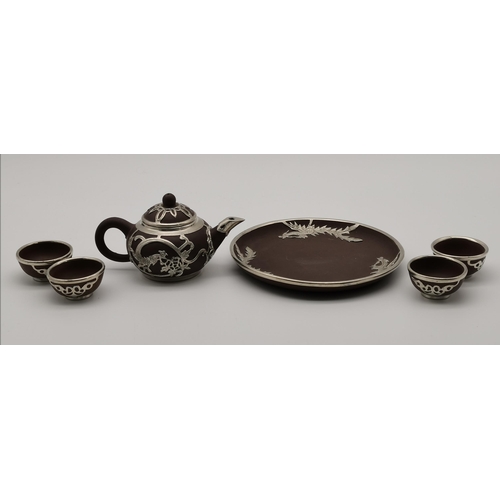 141 - Miniature Chinese white metal-mounted tea service in presentation box