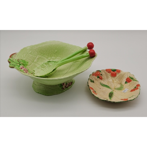 142 - Carltonware Foxglove Lettuce Leaf footed serving bowl and spoons plus British Anchor Pottery Dish