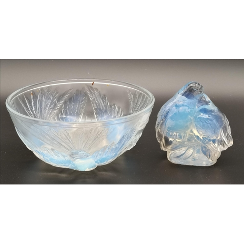 146 - Jobling Opalescent Opalique Glass Love Birds plus Art Deco Opalescent bowl