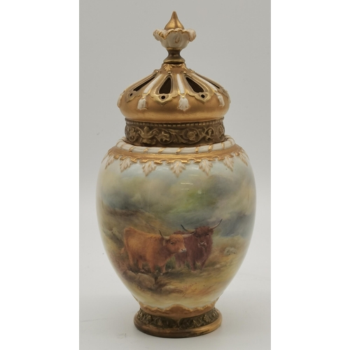 160 - Royal Worcester 3 Piece Large Pot Pourri Vase by H Stinton gilded in shades of Yellow, Green and Gol... 