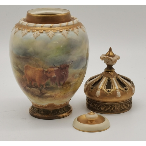 160 - Royal Worcester 3 Piece Large Pot Pourri Vase by H Stinton gilded in shades of Yellow, Green and Gol... 