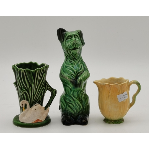 178 - Sylvac Swan in reeds vase, Cabbage leaf jug and Sylvac style terrier dog