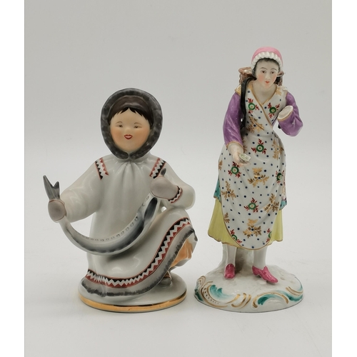 207 - Russian porcelain figure of Eskimo holding a fish, 14cm high, English Porcelain figurine of lady sel... 