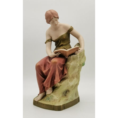 209 - A 45cm Royal Dux Art Nouveau figure of a girl reading a book with pink triangle backstamp, back stam... 