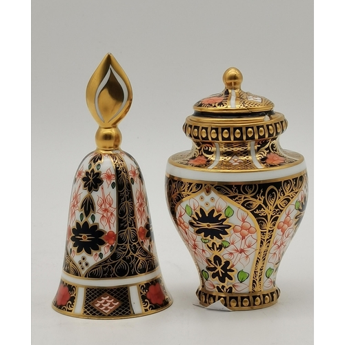 210 - Royal Crown Derby Imari pattern small urn and cover H11cm plus Royal Crown Derby Bell (no ball) 1128... 