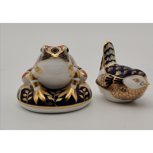 222 - Royal Crown Derby Frog (gold stopper) and Wren (stopper missing) Paperweights