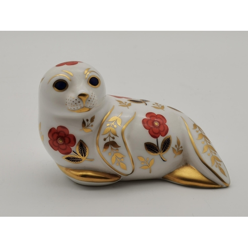 223 - Royal Crown Derby Baby Seal paperweight with gold button L12.5cm plus Royal Crown Derby Ginger Tom C... 