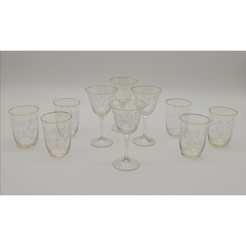 234 - Set of 6 vintage gold rimmed floral etched glasses plus x4 wine glasses