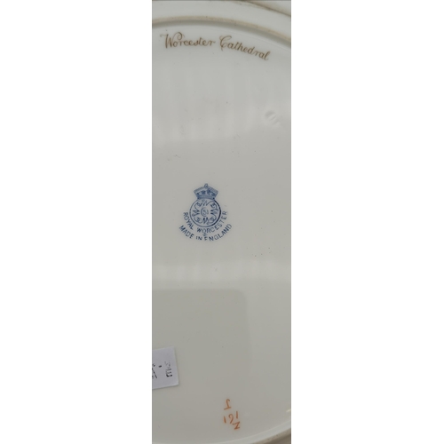 243 - Royal Worcester Plate hand painted with Worcester Cathedral blue stamp to base D27cm