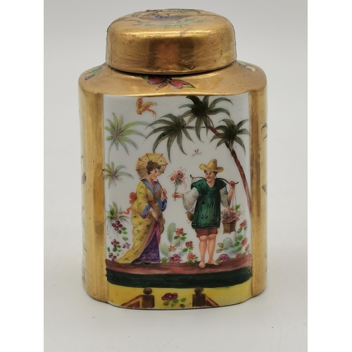 279 - Decorative lidded tea caddy with marking under 12cm Ht plus x4 Nippon Japanese small painted plates ... 