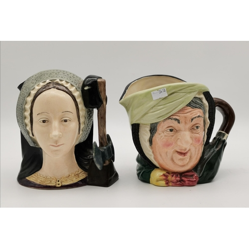 318 - Three Royal Doulton character jugs comprising Sairey Gamp (D5451), Anne Boleyn (D6644) and a miniatu... 