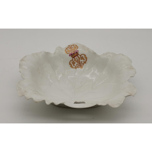 320 - A Heinrich & Co Vermont Frères leaf dish, printed factory marks to base, with gilded armorial monogr... 