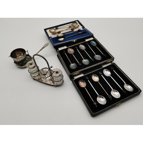 361 - A small group of mixed silver-plated items, including three sets of six coffee bean spoons, a cruet ... 