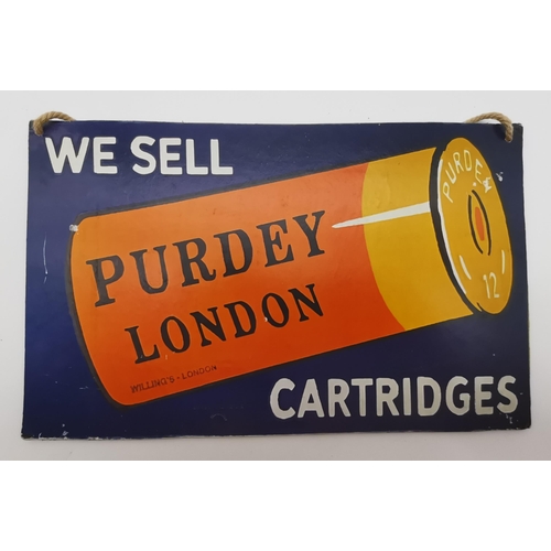 5 - A repro advertising sign, 'We Sell PURDEY LONDON Cartridges', print on board, impressed British Manu... 