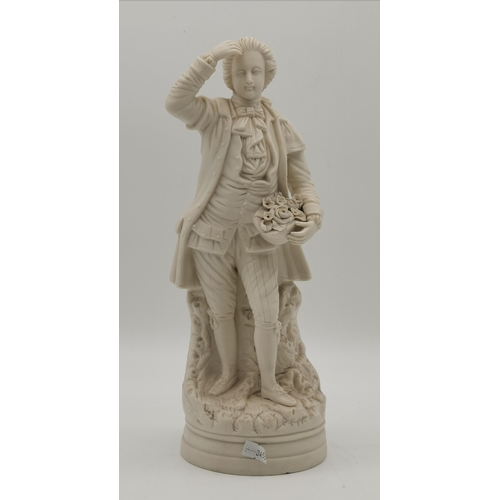 50 - A Parian ware figure of a gentleman in 18th Century dress, holding flowers in his left hand, to a ci... 