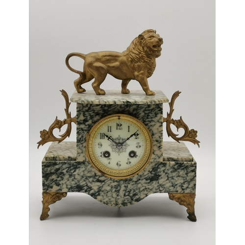 57 - A French marble mantel clock, the circular cream dial with black Arabic numerals, the case surmounte... 