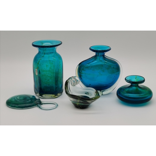 92 - Five pieces of blue glass wares, comprising three various small vases with trumpet necks, a small bo... 