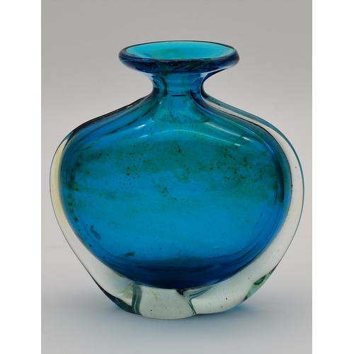 92 - Five pieces of blue glass wares, comprising three various small vases with trumpet necks, a small bo... 