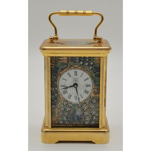 97 - A brass carriage clock, the gilt dial signed HALCYON DAYS ENAMELS and decorated with peacocks, with ... 