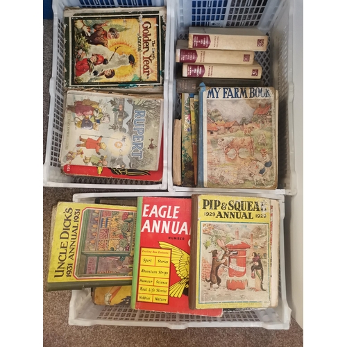 758 - x3 boxes of vintage books incl. Pip & Squeak annual 1929, Eagle annuals, 3 volumes of The Second Wor... 