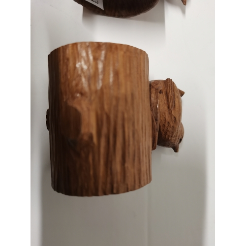 199 - Bob Hunter, a set of six Wrenman oak napkin rings, each with carved wren signature atop a hollowed o... 