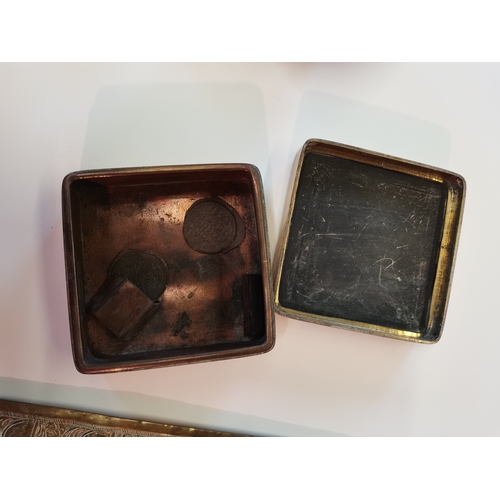 256 - A Chinese Paktong inscribed circular ink box late 19th Century D10cm, an Antique Chinese Ink Box dec... 