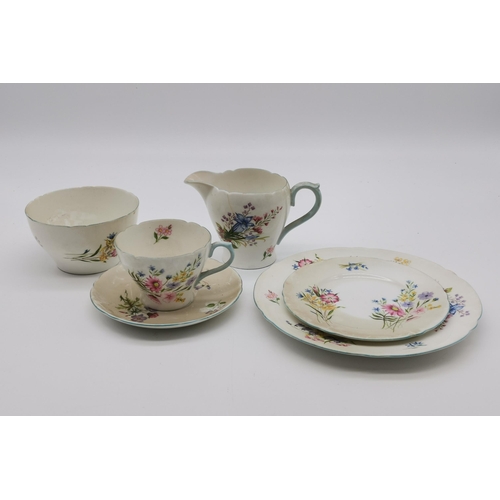 108 - Shelley 'Wild Flowers' Tea Set - x9 plates, Side Plates, Cups and Saucers, Sandwich Plate, Milk Jug ... 