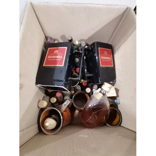 1269 - Box of vintage spirits miniatures plus tankards and 2 Dunhill water jugs