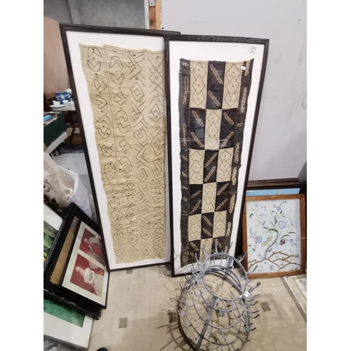 1271 - Pair of framed African woven cloth pieces 150cm x 51cm plus bottle drying rack / holder