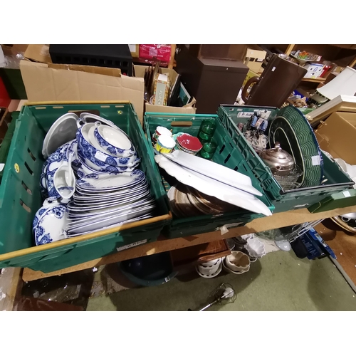 1285 - x4 boxes misc. collectable items incl vintage green glasses, meat platters, fish tray, brassware, bl... 