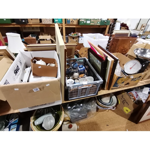 1287 - x3 boxes of misc items incl lace, china, x6 air twist stem wine glasses, ProCook Kitchen weighing sc... 