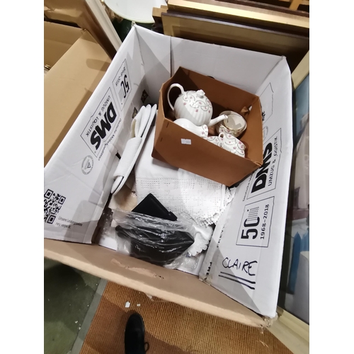 1287 - x3 boxes of misc items incl lace, china, x6 air twist stem wine glasses, ProCook Kitchen weighing sc... 