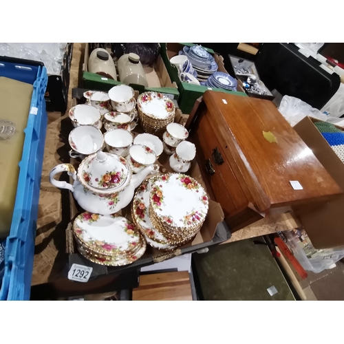 1292 - Box of Royal Albert Country Roses tea service x14 tea cups, saucers, side plates tea pot all VGC plu... 