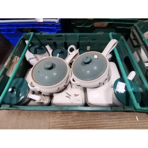 1303 - x5 boxes of Denby Green Wheat dinner and tea service -tea pots, lidded  casserole dishes 10 dinner p... 