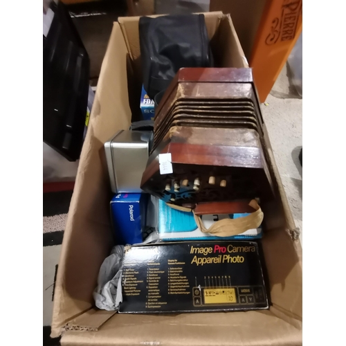 1307 - Box of misc items incl cameras, Concertina etc