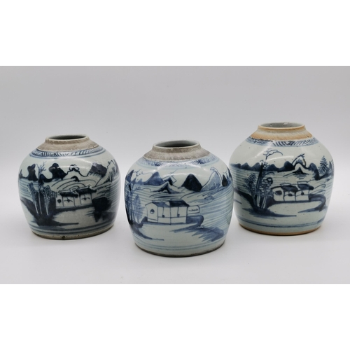 169 - Three Chinee Blue and White hand painted porcelain jars Qing 18th C H16cmCondition StatusGood: In go... 