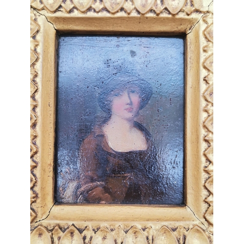 2 - A pair of portrait miniatures, early 19th Century, Young lady in brown coat and hat with basket on h... 