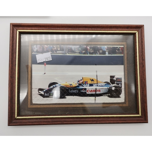 4 - A group of five framed colour photographs, comprising one of Nigel Mansell's F1 Williams-Renault FW1... 