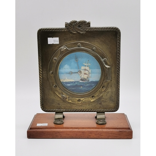 50 - Nautical Mantle clock on wooden base plus Art Deco Clock with leather face and key