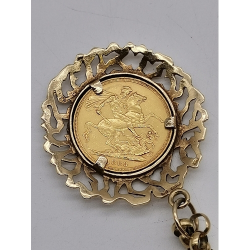 519A - A Victorian sovereign, 1880, loose-mounted to a 9 carat gold pierced and bark-effect pendant mount, ... 