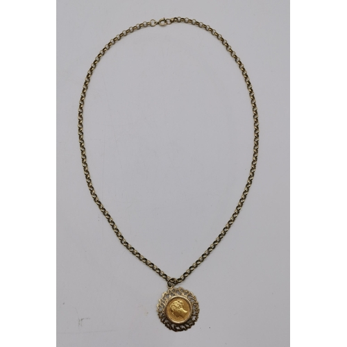 519A - A Victorian sovereign, 1880, loose-mounted to a 9 carat gold pierced and bark-effect pendant mount, ... 