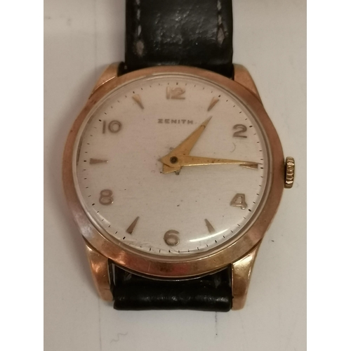 532 - A gent's 9 carat gold Zenith wristwatch, the white circular dial signed ZENITH, with gilt Arabic num... 