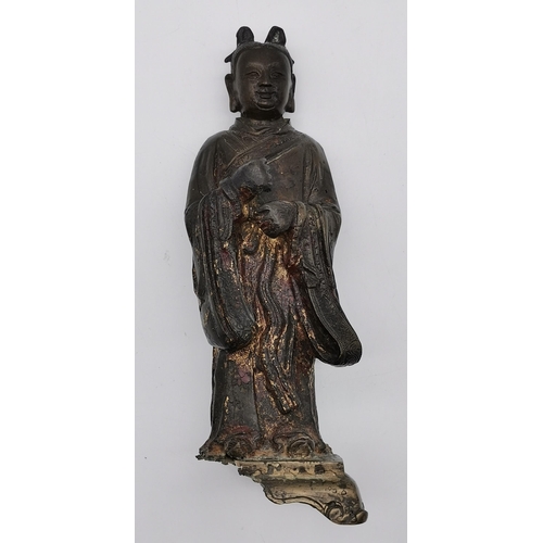 537 - A Chinese bronze figural statue, likely Ming dynasty, made using the lost wax method, with gilt and ... 