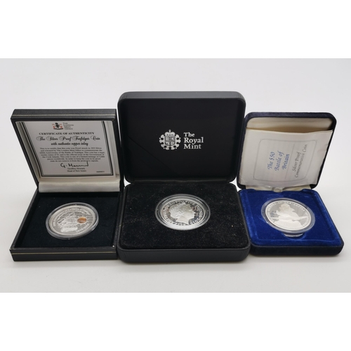 541 - Three commemorative silver proof coins, comprising a Royal Mint Elizabeth II 2015 'Churchill' five p... 