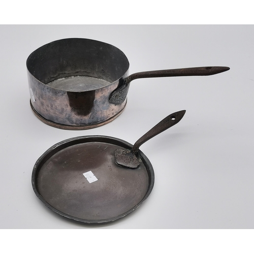 66 - 18thC/early 19thC Copper saucepan with long iron handle and long handle lid. A number ‘17’ stamped o... 