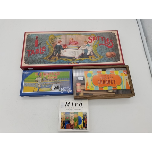 290 - A collection of old games including Table top Skittles and Pulteneys The Boat race game