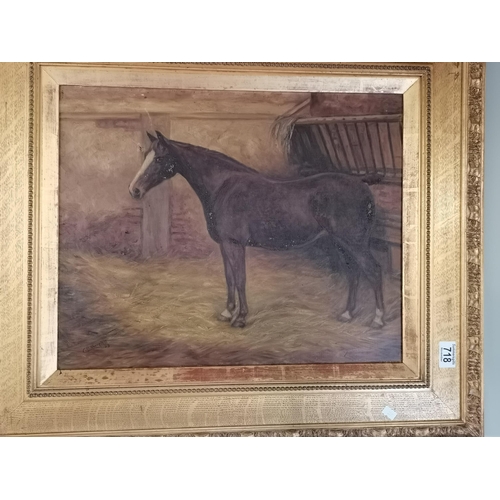 718 - British School, early 19th Century, Chestnut mare in loose box, oil on canvas, signed and dated C. B... 